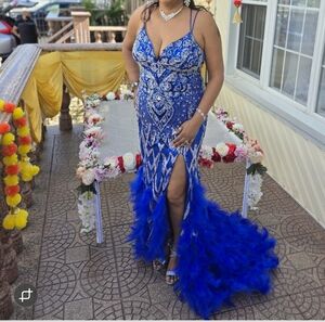 Blue Sequin Embellished Slit Gown